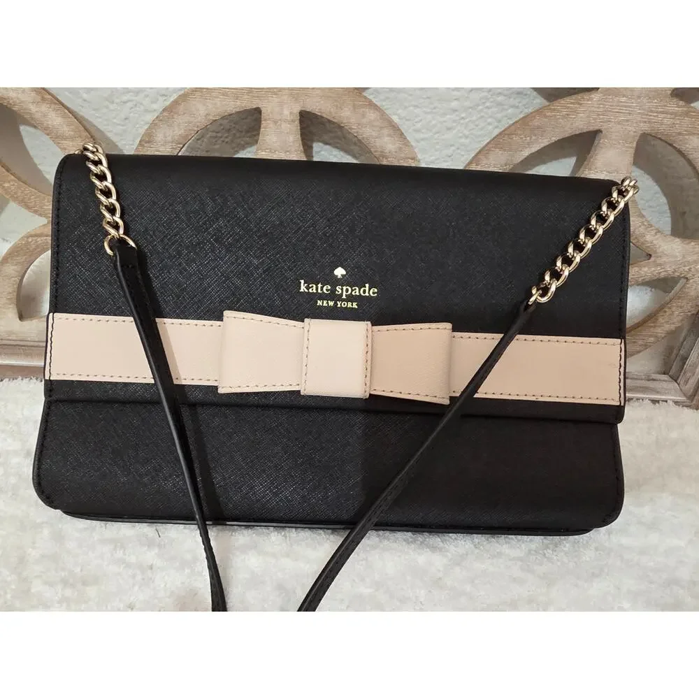 Kate Spade Kirk Park Leather Veronique Crossbody Black/ Taupe Bow (P6)